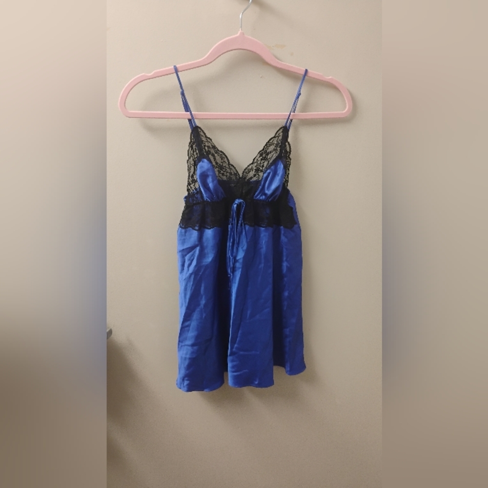 Victoria's Black Lace Blue Satin Camisole Tunic Top Sz S